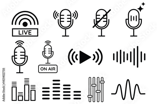 Podcast icon set for live audio, video recording and broadcasting symbol vector illustration in modern minimal line style for media interface.