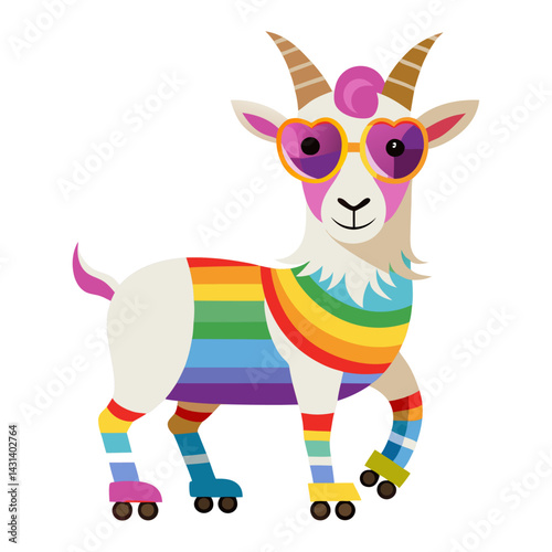 A Goat in rainbow-colored sunglasses and roller skates on white background