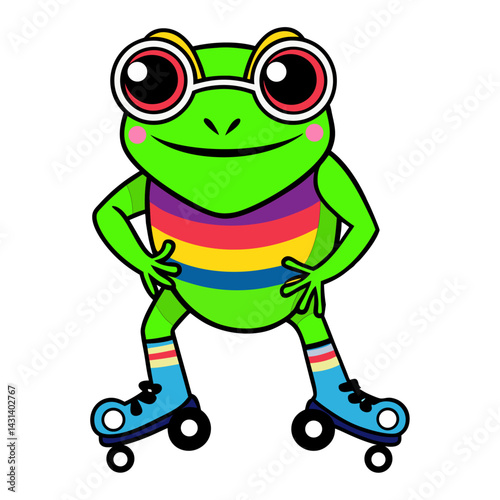 A Frog in rainbow-colored sunglasses  and roller skates   on white background