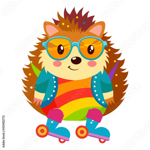 A Hedgehog in rainbow-colored sunglasses  and roller skates   on white background