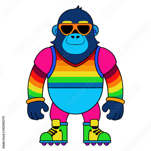 A Gorilla in rainbow-colored sunglasses and roller skates on white background