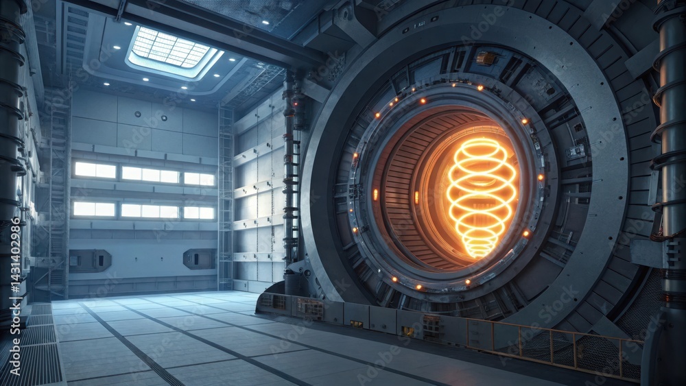 Fototapeta premium A futuristic chamber features a glowing spiraled energy source, surrounded by metallic walls and advanced machinery, creating a high-tech atmosphere.