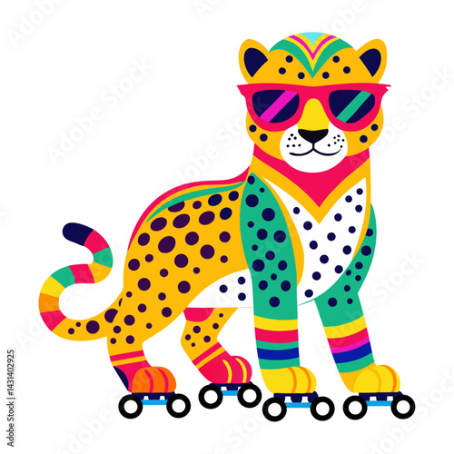 A Leopard in rainbow-colored sunglasses and roller skates on white background