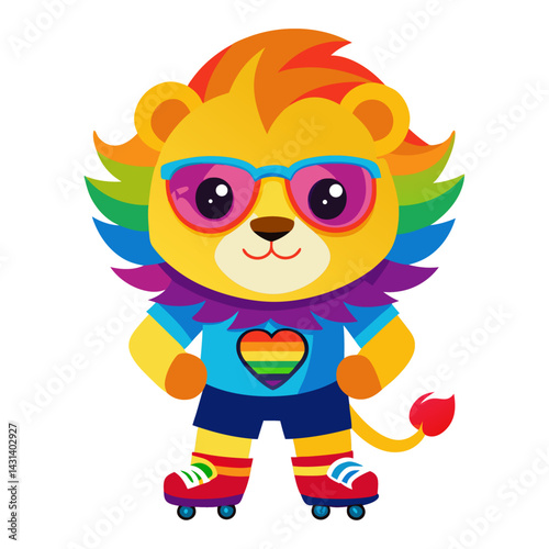 A Lion in rainbow-colored sunglasses and roller skates on white background