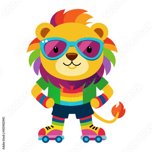 A Lion in rainbow-colored sunglasses and roller skates on white background2