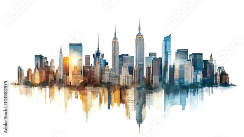 Stunning skyline silhouette featuring skyscrapers reflecting colors against a gradient background.