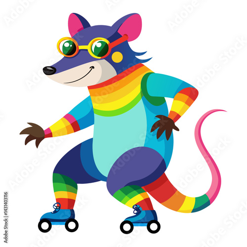 A Rat in rainbow-colored sunglasses  and roller skates   on white background