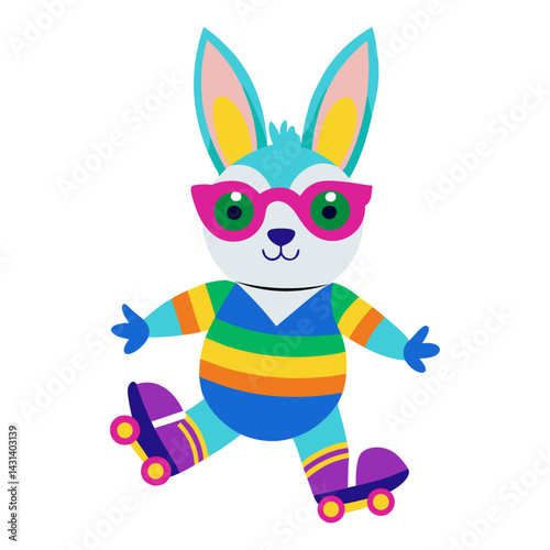 A Rabbit in rainbow-colored sunglasses and roller skates on white background