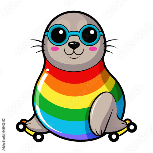 A Seal in rainbow-colored sunglasses and roller skates  on white background