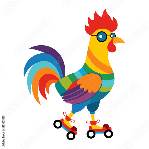 A Rooster in rainbow-colored sunglasses  and roller skates  on white background