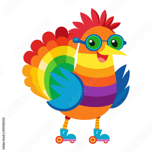 A Turkey in rainbow-colored sunglasses  and roller skates   on white background