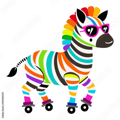 A Zebra in rainbow-colored sunglasses and roller skates on white background