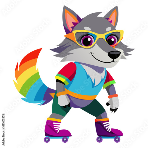 A Wolf in rainbow-colored sunglasses and roller skates on white background