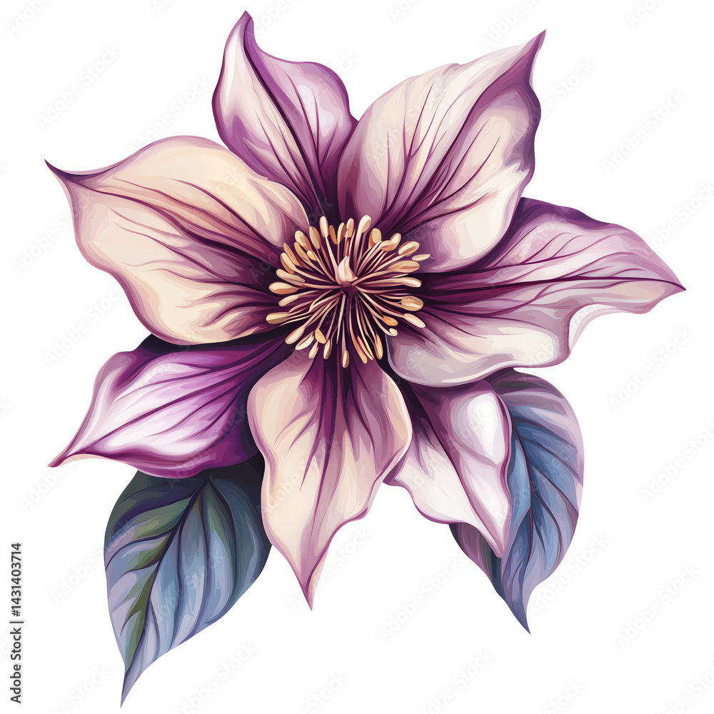 Fototapeta premium Vibrant flower illustration with detailed petals and leaves on a white background.
