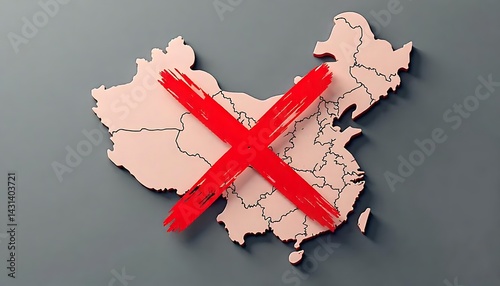 Outline of China in red, grayscale background, minimal flat design style, political message layout boycott china created with generative ai