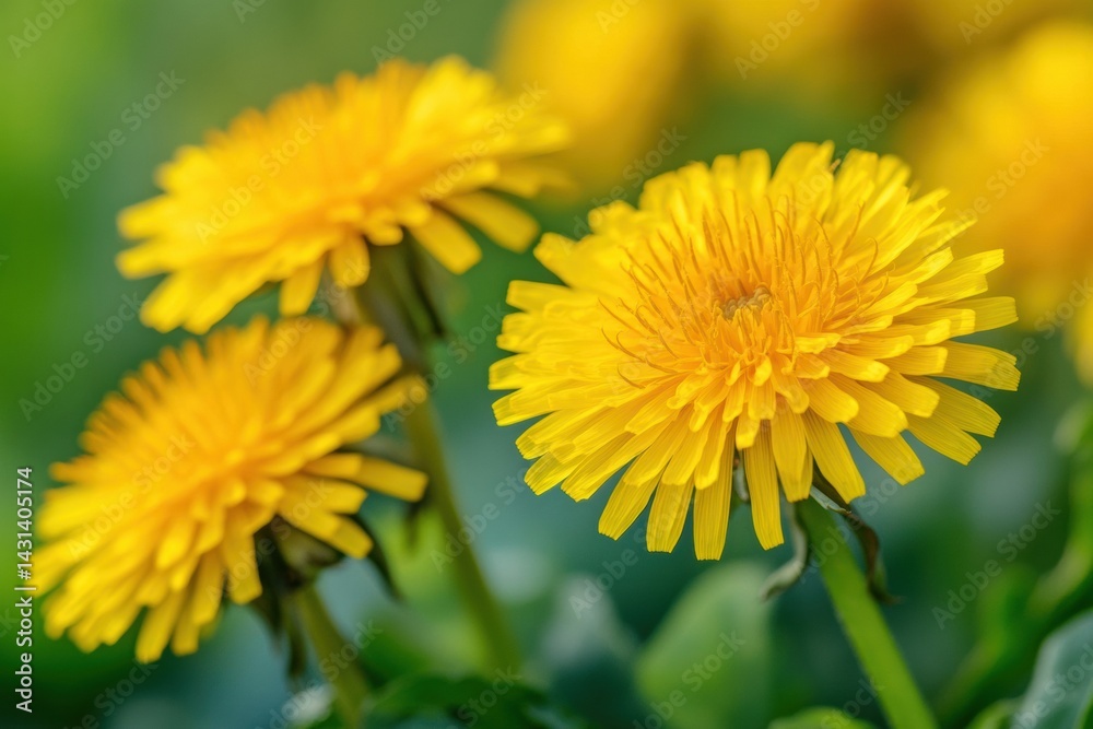 Bright yellow dandelion flowers in lush greenery Bright yellow dandelion flowers in lush greenery