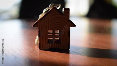 Wooden house keychain with key on table close up, happy couple signing mortgage agreement, concept of real estate, home loan, property purchase, real estate investment, buying a new house