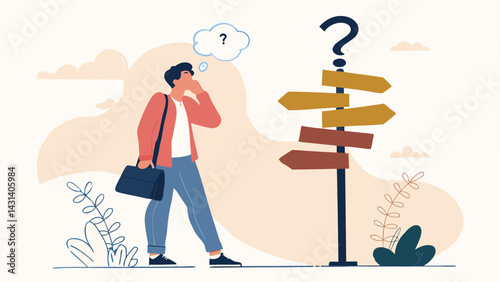 Man Standing At A Crossroads Thinking About Decisions And Choices To Make Ahead
