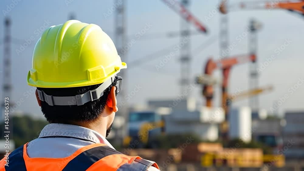 Construction Site Supervisor Inspecting Progress with Cranes and Infrastructure Construction Site Supervisor Inspecting Progress with Cranes and Infrastructure
