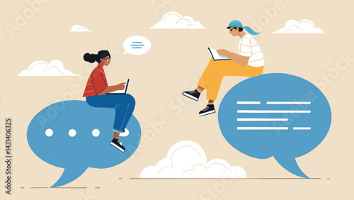 Two People Discussing Over Cloud With Computer And Book Flat Vector Illustration