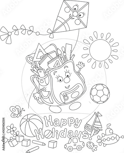 Greeting card with a funny cartoony schoolbag surrounded by toys for summer holidays on the last day of school, black and white vector cartoon illustration for a coloring book