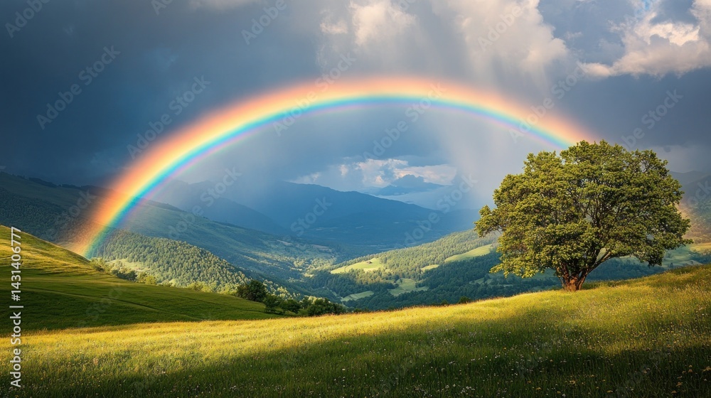 Naklejka premium Rainbow over Majestic Mountain Landscape