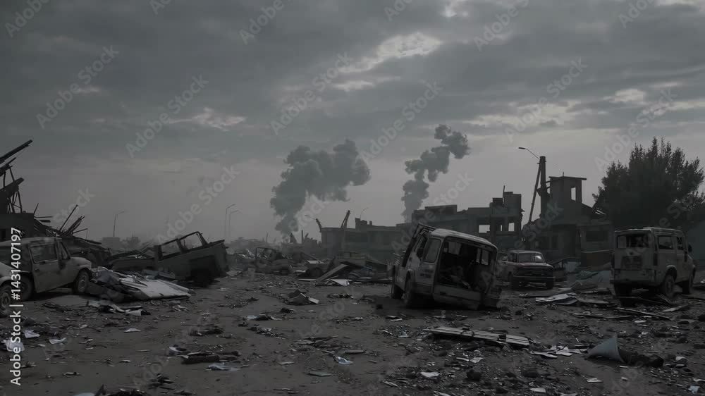 Desolate Warzone Landscape with Abandoned Vehicles and Smoke