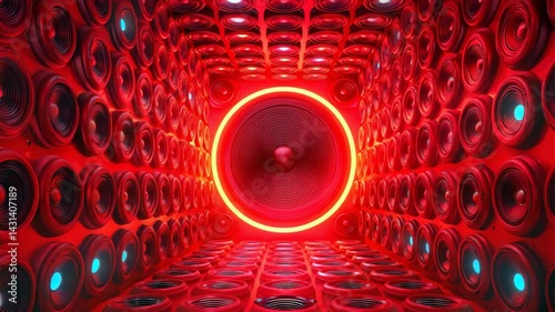 Speakers arranged in a square room with a large speaker circled by a neon light in the center, red colors, audio tech