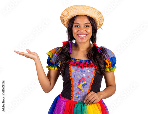 Mulher em traje típico colorido de Festa Junina