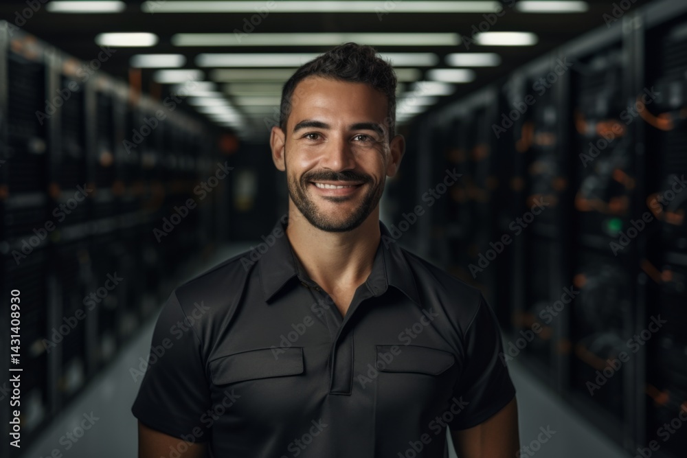 Portrait of smiling hispanic male technician in server room Portrait of smiling hispanic male technician in server room