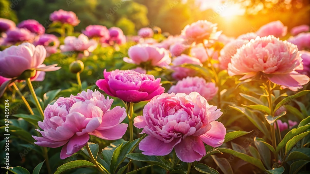 Aerial View of Blooming Pink Peonies in Spring Garden at Dawn Aerial View of Blooming Pink Peonies in Spring Garden at Dawn