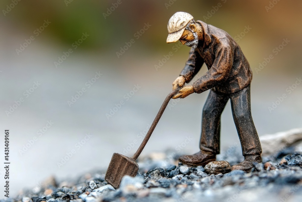 Obraz premium Miniature male figure digging with shovel on gravel surface