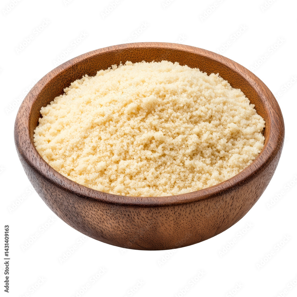 Couscous in wooden bowl, showcasing its fine, granular texture. This versatile grain is often used in various dishes, adding delightful base for meals