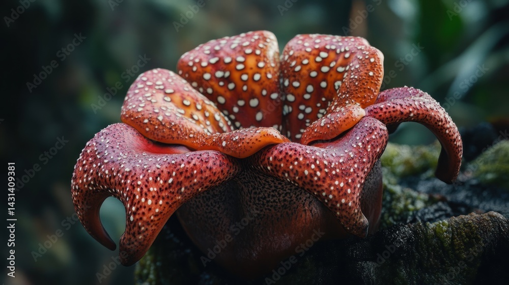 Fototapeta premium Stunning, vibrant, exotic flower. Close-up of a rare, tropical bloom. Intricate details of the petals, unique shape and color. Blooming in the wild