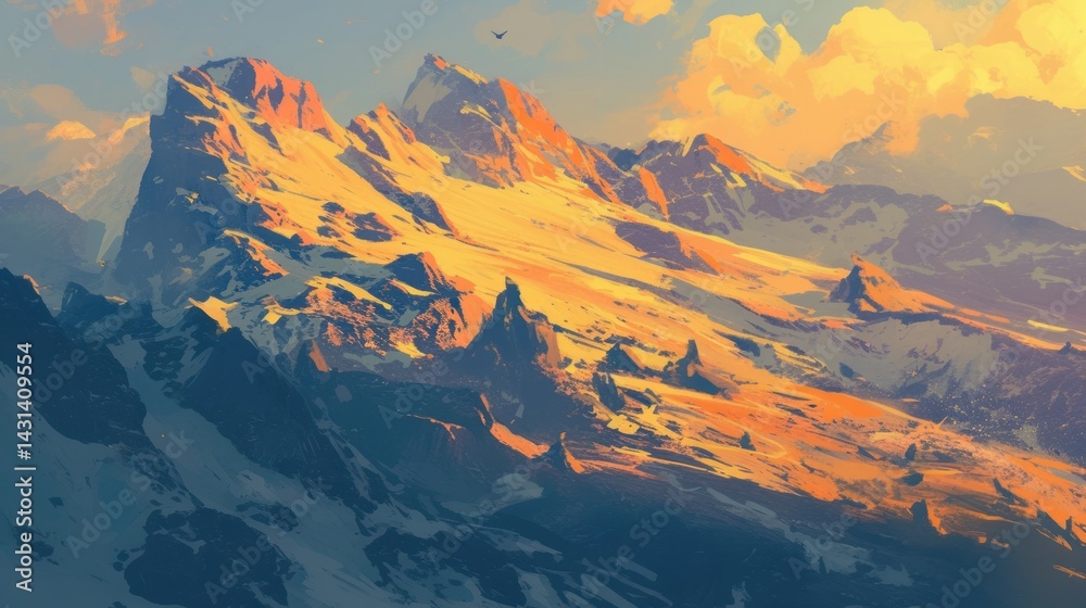 Obraz premium Majestic mountain range at golden sunset. Snowy peaks, dramatic light