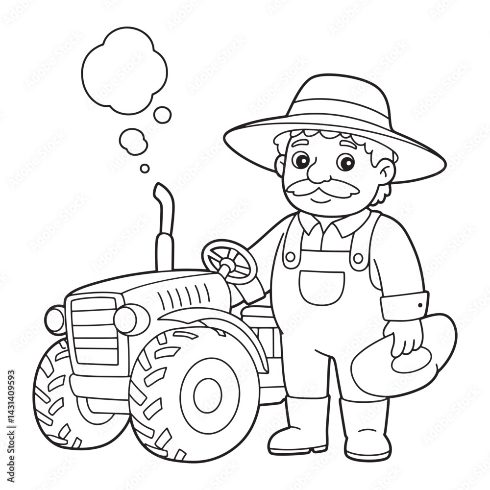Obraz premium Farmer thinking about tractor - Children's coloring book illustration 