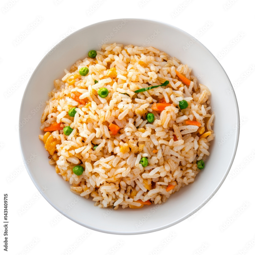 Delicious fried rice with colorful vegetables, including peas and carrots, served in white bowl. This dish is perfect for quick meal or side dish, offering delightful blend of flavors Delicious fried rice with colorful vegetables, including peas and carrots, served in white bowl. This dish is perfect for quick meal or side dish, offering delightful blend of flavors