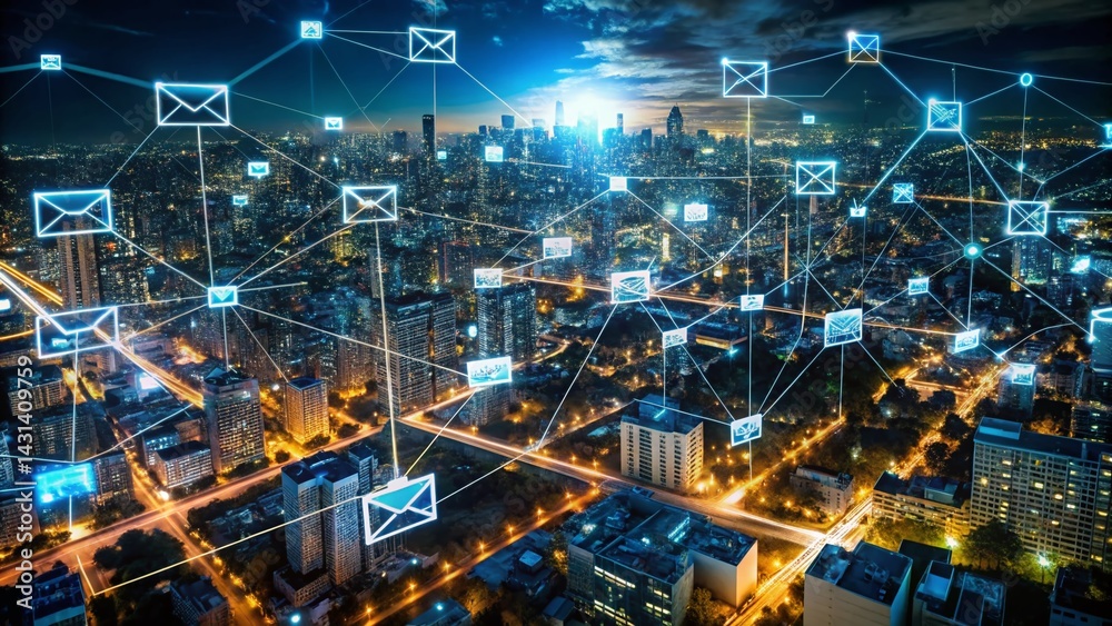 Naklejka premium Aerial View of Cityscape Showing Phishing Email Threat - Cyber Security Risk