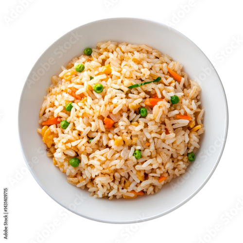Delicious fried rice with colorful vegetables, including peas and carrots, served in white bowl. This dish is perfect for quick meal or side dish, offering delightful blend of flavors
