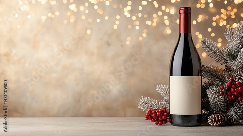 Festive wine bottle with holiday decor background.