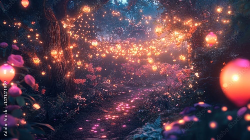 Enchanted forest path with string lights and glowing pink flowers at twilight. Ideal for fantasy, fairy tale, magical, or whimsical themed projects. Enchanted forest path with string lights and glowing pink flowers at twilight. Ideal for fantasy, fairy tale, magical, or whimsical themed projects.