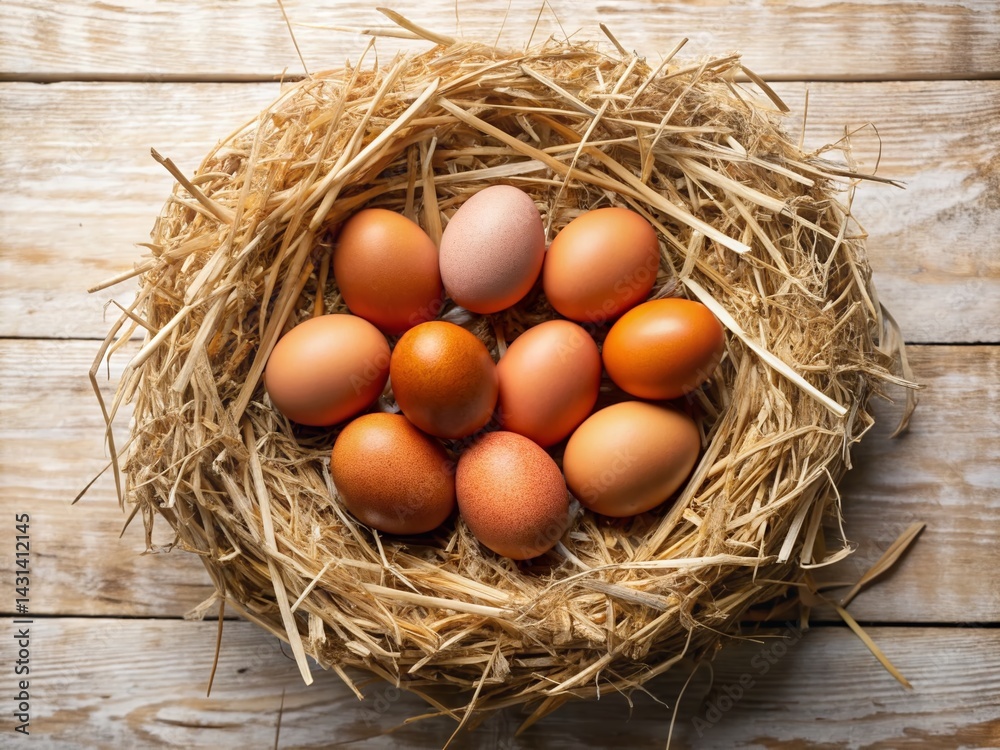 Aerial View of Fresh Eggs Nestled in Hay on White Background - Rustic Farm Photo Aerial View of Fresh Eggs Nestled in Hay on White Background - Rustic Farm Photo