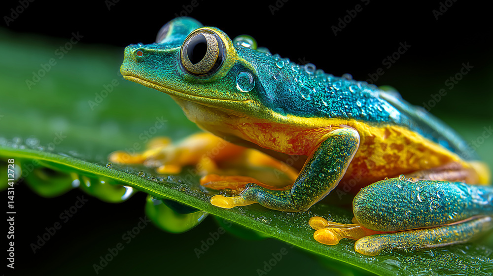 Obraz premium Tropical Rainforest Frog on Leaf with Water Droplets Close-Up