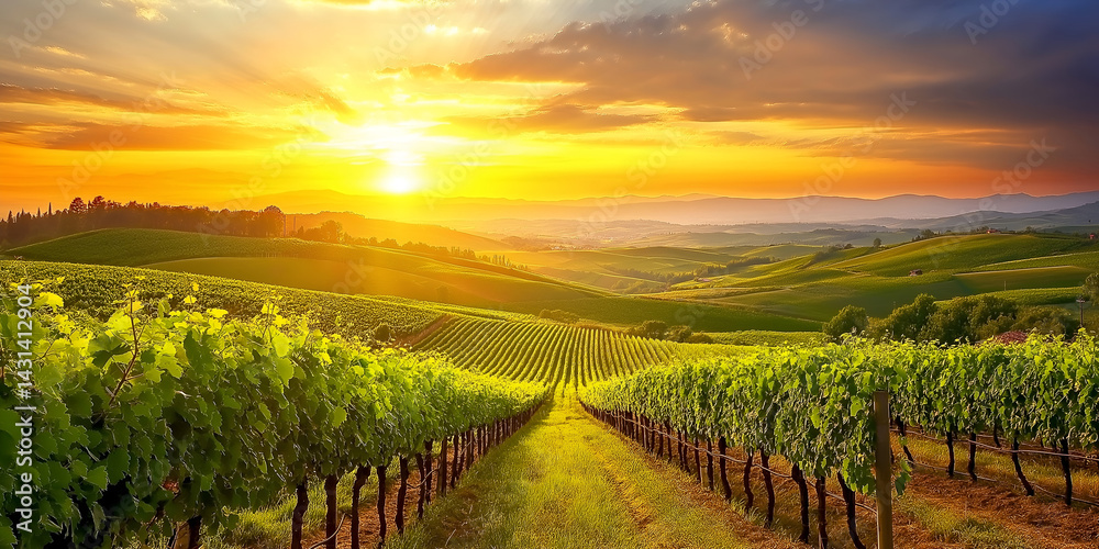Fototapeta premium A lush vineyard at sunset with rows of grapevines bathed in golden light and rolling hills in the background