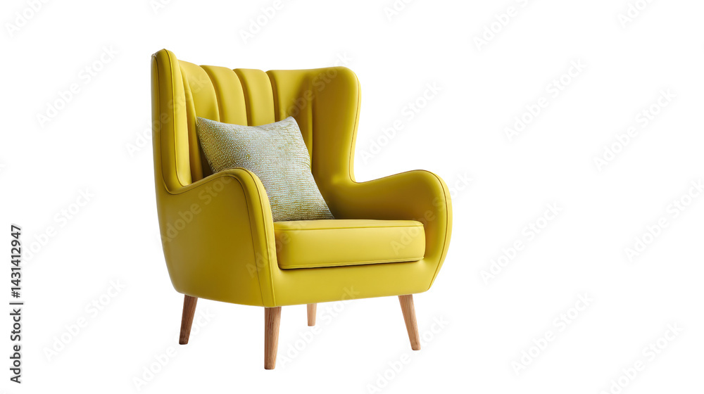 Fototapeta premium Golden Retreat: Capture the elegance of a plush yellow armchair, perfectly complemented by a patterned pillow, inviting relaxation and luxurious comfort.
