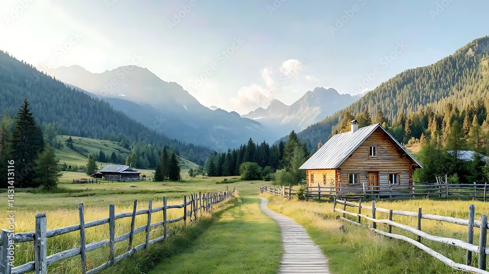 Picturesque wooden cabin and path nestled in a valley with mountains Picturesque wooden cabin and path nestled in a valley with mountains
