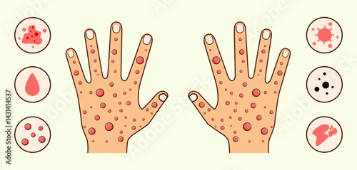 Illustration of Two Hands with Red Spots and There are Explanatory Circles on the Right and Left Sides of the Hands