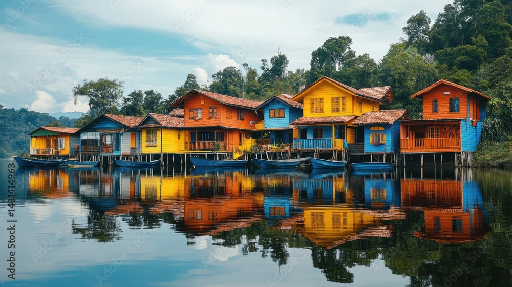 Fototapeta premium Vibrant Lakeside Houses: A Tropical Paradise
