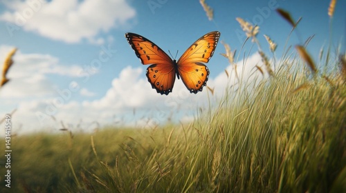 A vibrant orange butterfly soars through a field of tall grass under a partly cloudy sky