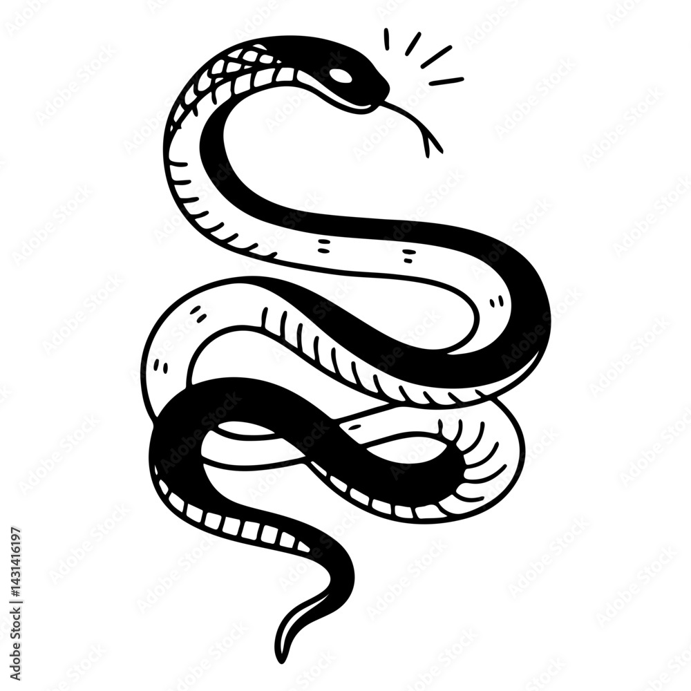 Fototapeta premium Black and white vector illustration of a snake on a plain white background